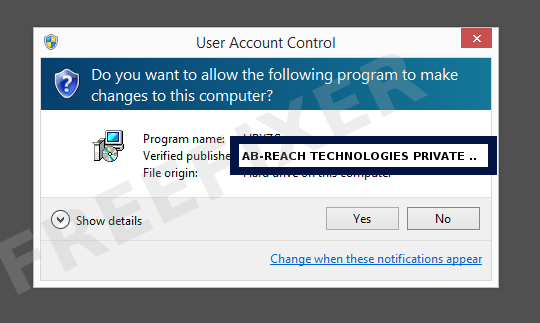 Screenshot where AB-REACH TECHNOLOGIES PRIVATE LIMITED appears as the verified publisher in the UAC dialog
